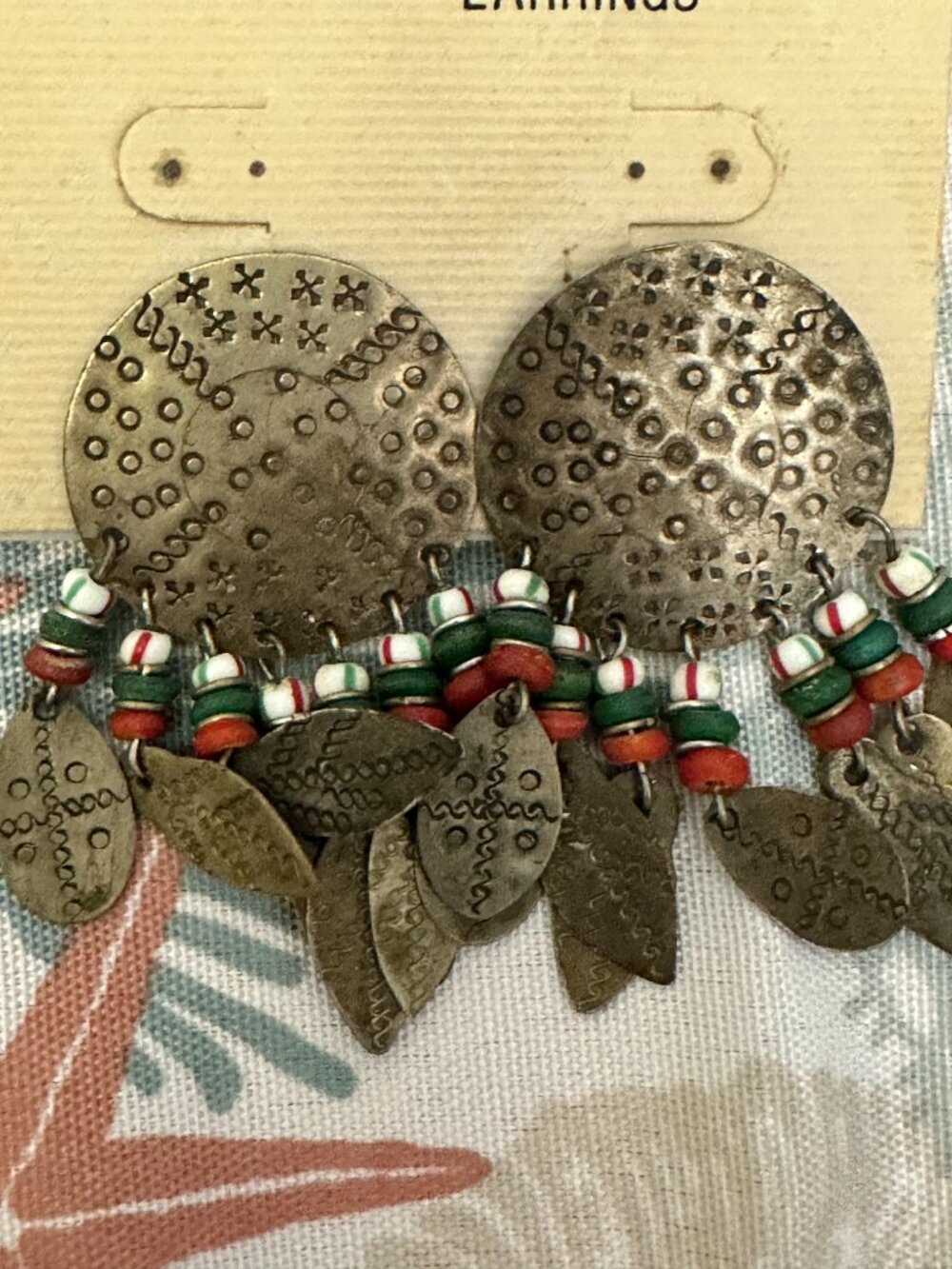 Boho Tribal Statement Dangle Earrings Brass Tone Leaf Beaded New - Picture 2 of 3
